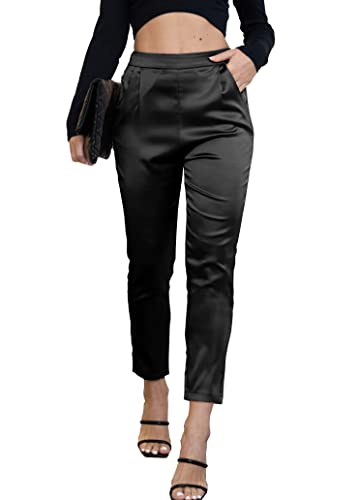 heipeiwa Women's Satin Pants Dress Casual Pleated Pull on High Waist Pants Baggy Front Tapered Trouser