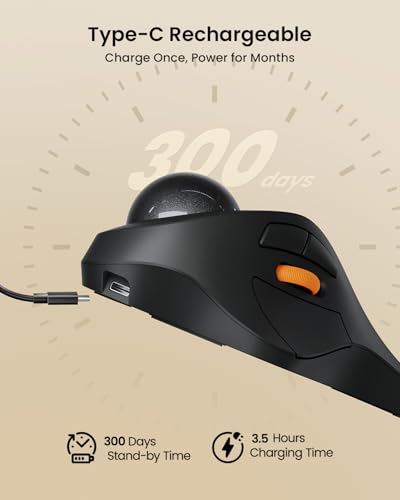 ProtoArc Wireless Bluetooth Trackball Mouse, EM03 NL Ergonomic Rollerball Mouse Rechargeable Computer Mice, 3 Device Conne...