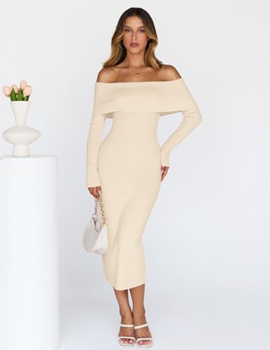 MEROKEETY Women's Winter Off Shoulder Bodycon Sweater Dress 2026 Spring Formal Long Sleeve Elegant Club Party Midi Dresses