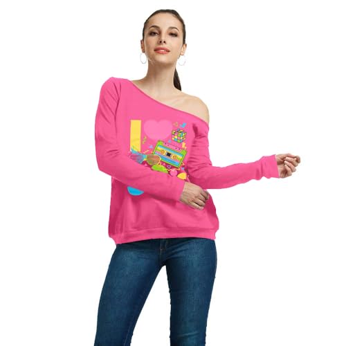 QLIPIN 80s 90s Outfits for Women 80's Theme Party Long Sleeve Shirt 90s Off the Shoulder Sweatshirt Retro Neon Disco Pullover