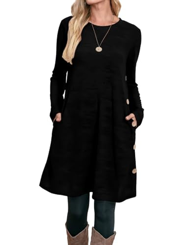 OFEEFAN Long Sleeve Dress for Women Crew Neck Tunic Dress with Pockets Buttons Side