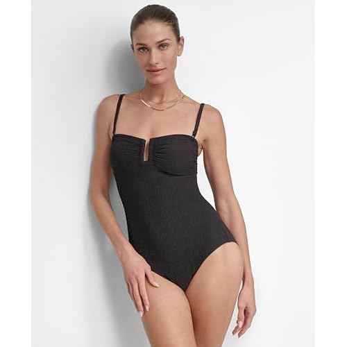 DKNY Womens U-Wire Bandeau One Piece Swimsuit with Tummy Control