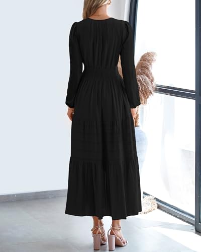 BTFBM Fall Dresses for Women 2026 Casual Long Sleeve V Neck Elastic Waist Lightweight Maxi Wedding Guest Dress Pockets