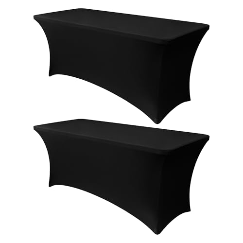 Obstal 6ft Stretch Black Spandex Table Cloth for Standard Folding Tables - 2 Pack Universal Rectangular Fitted Tablecloth ...