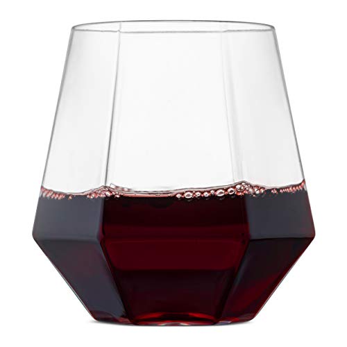 Munfix Plastic Stemless Wine Glasses 32 Pack - Diamond Shaped Unbreakable Disposable 12 Oz Clear Plastic Wine Champagne Wh...