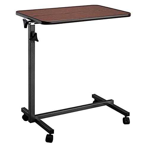 Overbed Table with Wheels | Flat Rolling Bed Side Tray Table for Medical or in-Home Use | Height Adjustable Hospital Table with Locking Casters (Wood Grain)