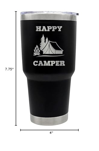 Palm City Products Premium 30 oz Happy Camper Black Tumbler with Slider Lid - Stainless Steel Camping Tumbler for Adventur...