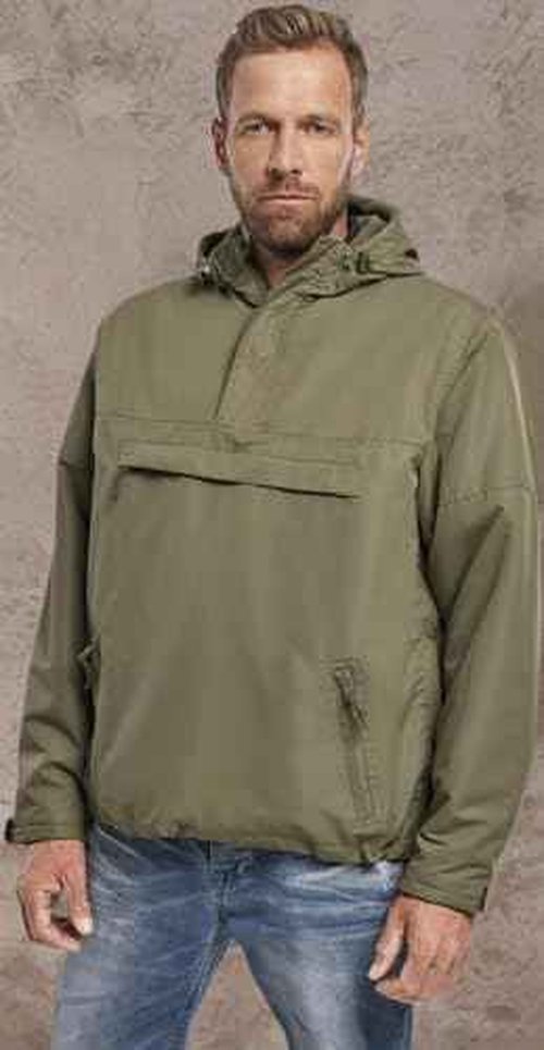 Brandit Individual Wear Men's Fleece-Lined Quarter Zip Windbreaker Pullover - Lightweight Weatherproof Casual Outdoor Jacket, Olive, Large