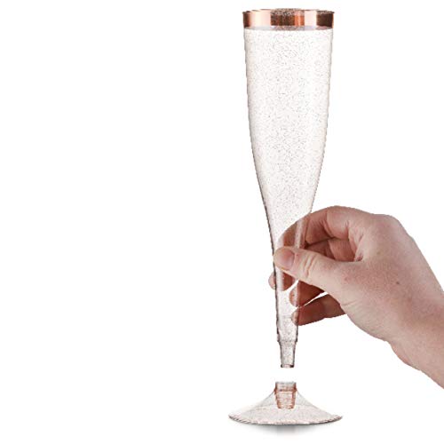 Rose Gold Plastic Champagne Flutes Disposable - Rose Gold Glitter with a Rose Gold Rim - [1 Box of 36 ] 6.5 Oz - Elegant S...