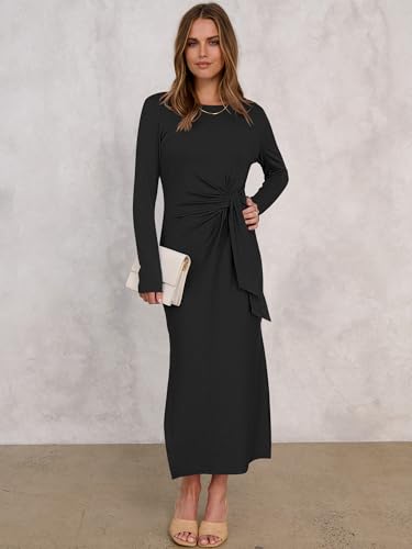 ANRABESS Womens 2026 Spring Long Sleeve Maxi Dress Crewneck Tie Waist Slit Casual Long T Shirt Dresses Winter Trendy Outfits