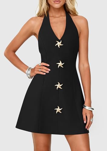 PRETTYGARDEN Cocktail Dresses for Women Short 2026 Summer Elegant Halter V Neck Sleeveless A Line Spring Mini Party Dress