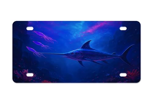 Ink Trendz Underwater Adventure Swordfish Fishing Art Vanity Plate, Man Cave Art, 6 x 12 inches Big game Fishing Neon Plates