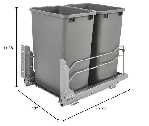 Rev-A-Shelf Double Pullout for Under Kitchen Cabinets 35 Quart 8.75 Gallon with Soft-Close Slides, Metallic Silver, 53WC-1835SCDM-217