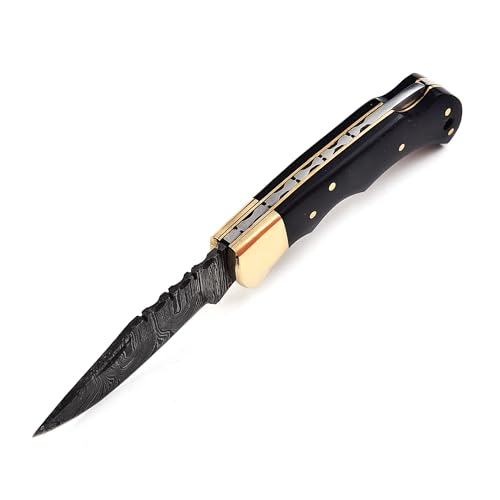 Damascus Steel Folding Knife - Premium Pocket Knife With Bone Handle Edc Small Youth Pocket KnifeTactical Serrated Camping...