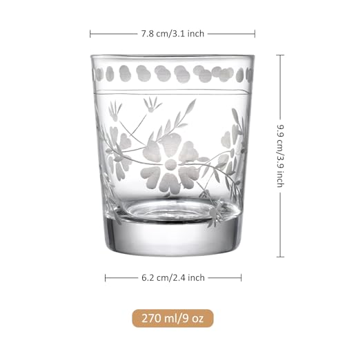 Joeyan Hand Blown Etched Drinking Glasses,Clear Water Glass Cups with Floral Pattern,Aesthetic Tumblers Glassware Set for ...