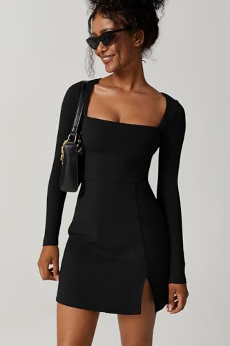 QINSEN Womens Square Neck Bodice Dress Long Sleeve Side Slit Flare Mini Dresses
