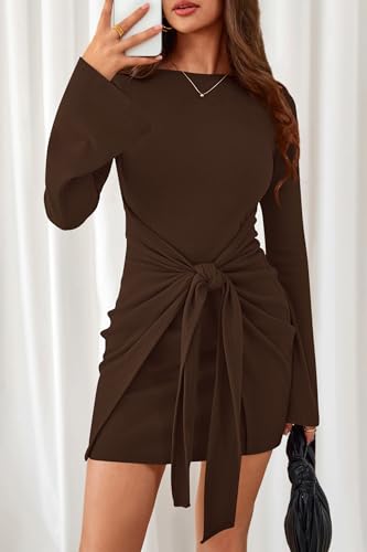 dowerme Women's Casual Mini Dress 2025 Bell Long Sleeve Boat Neck Tie Waist Bodycon Dresses Knitted Party Fall Outfits