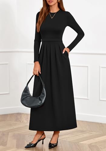 BTFBM Long Sleeve Dress for Women Spring Clothes 2026 Pockets Business Casual Pleated Fall Wedding Guest Dresses