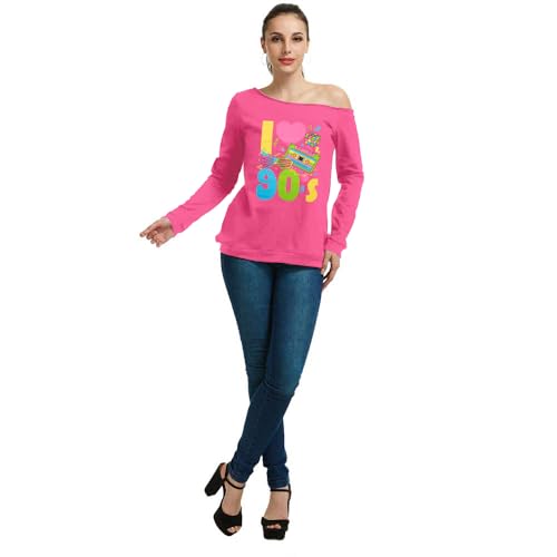 QLIPIN 80s 90s Outfits for Women 80's Theme Party Long Sleeve Shirt 90s Off the Shoulder Sweatshirt Retro Neon Disco Pullover