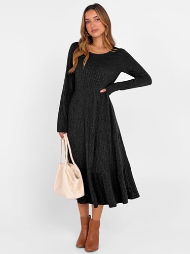 ANRABESS Womens Long Sleeve Midi Dress Spring Rib Knit Crew Neck A Line Soft Flowy Swing Dresses with Pocket Casual Trendy