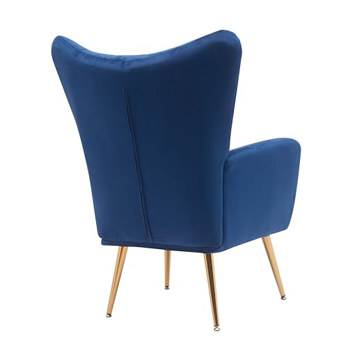Container Furniture Direct Modern Chic Mid-Century Velvet Accent Armchair for Living Room, Bedroom, or Home Office, Button-Tufted Wingback Design with Gold Flared Legs, Navy Blue
