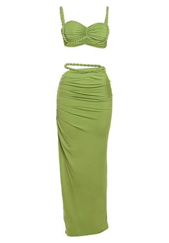 longlugoo Women's Two Piece Skirt Sets Summer Beach Sexy Ruched Backless Cami Top And Cut Out Skirt Night Out Dress