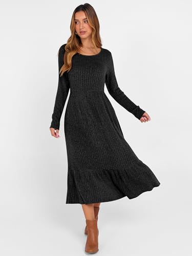 ANRABESS Womens Long Sleeve Midi Dress Spring Rib Knit Crew Neck A Line Soft Flowy Swing Dresses with Pocket Casual Trendy