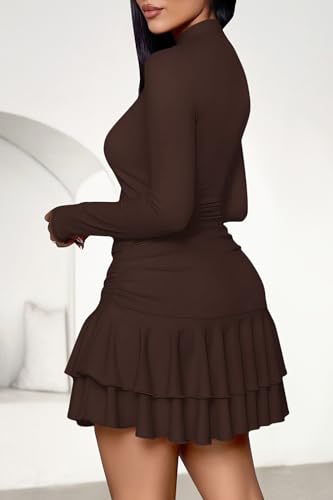 PRETTYGARDEN Womens Spring Long Sleeve Dresses 2026 Mock Neck Ruched Y2K Clothes Ruffle Layered Bodycon Mini Party Dress