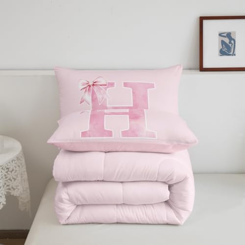 Erosebridal Bowknot Bedding Twin,Monogrammed Bows Comforter Set for Girls,Initial Birthday Gifts Quilt for Mom Daughter Sister,Unique Bedroom Room Decor,Luxury Soft(H)