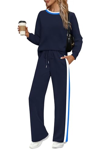 WIHOLL 2 Piece Lounge Sets for Women Long Sleeve Tops Wide Leg Sweatpants Sweatsuits with Pockets