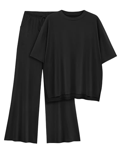 AmazingStar Womens Lounge Set 2026 Summer 2 Piece Outfits Oversized Short Sleeve Tops & Wide Leg Pant Matching Sets Clothing