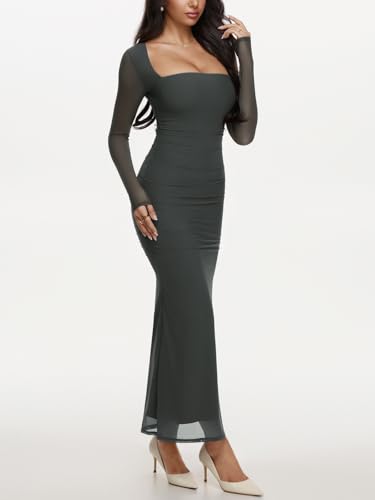 REORIA Long Sleeve Wedding Guest Maxi Dresses for Women Sheer Mesh Square Neck Ruched Bodycon Long Dress 2025 Fall Outfits