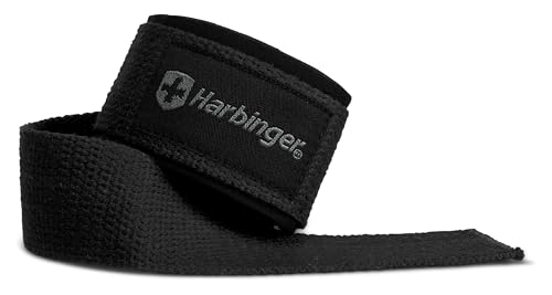 Harbinger Padded Cotton Lift Straps, Black - Soft, Supportive Neotek Wrist Pads - 21.5" Length, 1.5" Width - Reinforced Edges & Heavy-duty Stitching - Cushions Wrists for Lifting Support