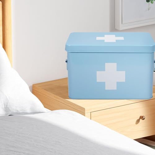 Flexzion First Aid Box Organizer Empty 13" Blue Vintage First Aid Kit Tin Metal Medical Box - First Aid Storage Box Contai...