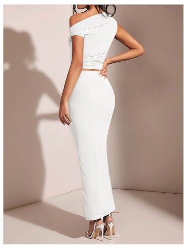 WDIRARA Women's 2 Piece Outfits Floral Print One Shoulder Crop Top Bodycon Ruched Maxi Skirt Set