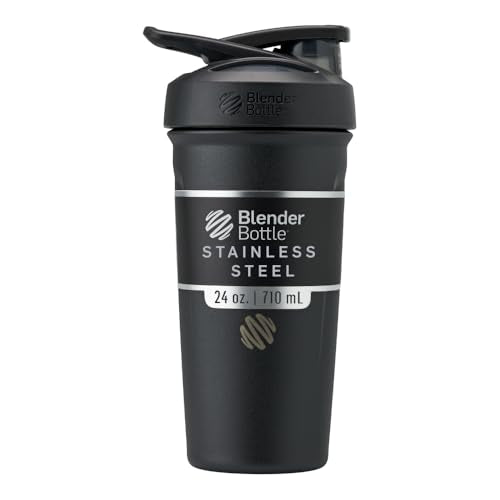 BlenderBottle Sport Shaker Cup Insulated Stainless Steel Water Bottle with Wire Whisk, 24-Ounce, Black
