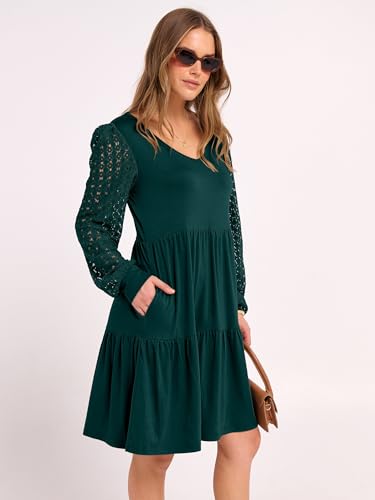 ANRABESS Dresses for Women Casual Lace Long Sleeve V Neck Tiered Swing Flowy Loose A-line Mini Short 2025 Fall Vacation Dress
