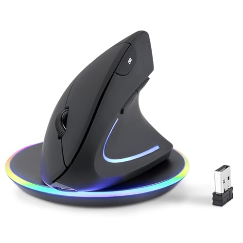 Perixx PERIMICE-713RX Wireless Rechargeable Vertical Mouse - Duo Wired and Wireless Charging Feature - Charging Pad Includ...