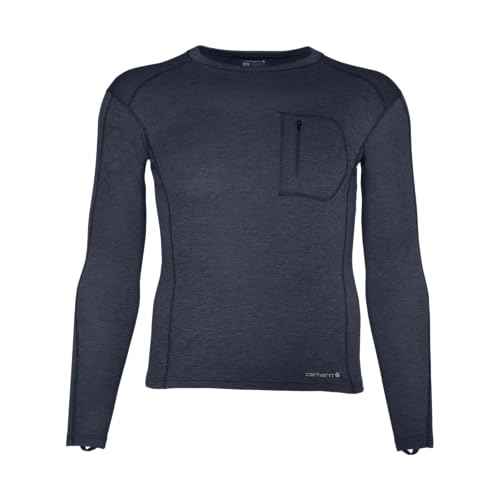 Carhartt Men's Force Midweight Synthetic-Merino Wool Blend Base Layer Crewneck Pocket Top, Navy Heather, Large US