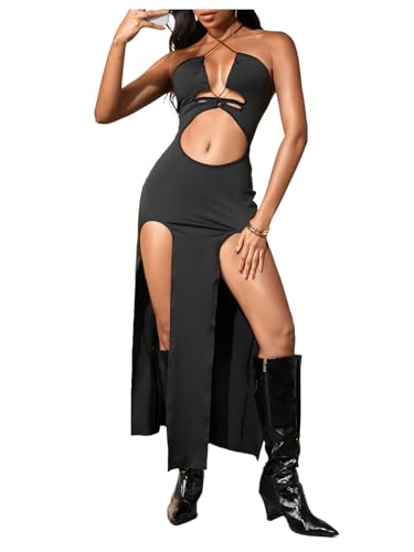 Milumia Women's Gothic Grunge Dress Hollow Out Halter High Slit Bodycon Dresses Festival Rave