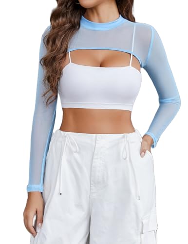 Avidlove Mesh Crop Tops for Women Mock Neck Long Sleeve Crop Top See Through Shirt Top Sexy Clubwear