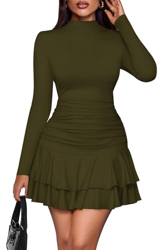 PRETTYGARDEN Womens Spring Long Sleeve Dresses 2026 Mock Neck Ruched Y2K Clothes Ruffle Layered Bodycon Mini Party Dress