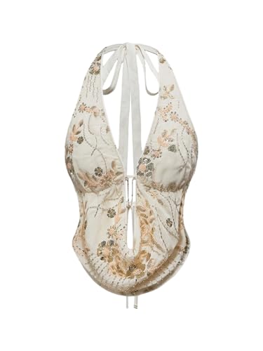 Verdusa Women's Cheetah Print Sequin Top Y2K Tie Back Corset Halter Going Out Crop Tops
