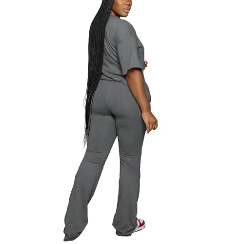 PINSV Women 2 Piece Outfits Short Sleeve Top and Flare Pants Lounge Sets Tracksuit