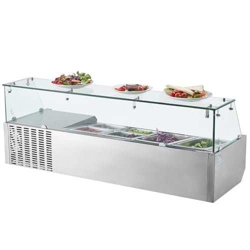 VEVOR Refrigerated Condiment Prep Station, 130 W Countertop Refrigerated Condiment Station, with Two 1/3 Pans & Four 1/6 Pans, 304 Stainless Body and PC Lid, Sandwich Prep Table with Glass Guard
