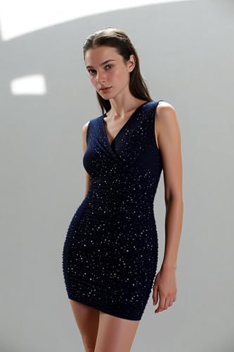 Darupo Women’s Sequin Sleeveless V Neck Short Dress Elegant Glitter Bodycon Ruched Party Cocktail Mini Dress