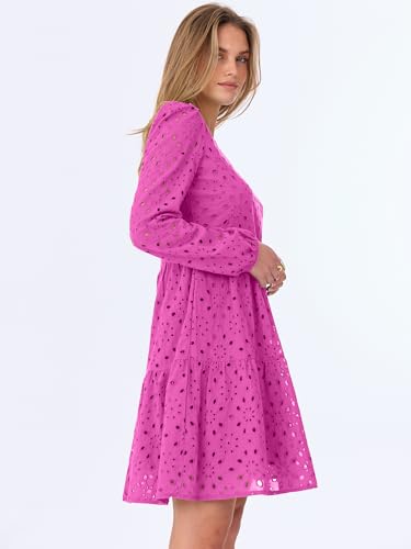 ANRABESS Long Sleeve V Neck Dresses for Women Eyelet Hollow Out Business Casual Tiered 2026 Fall Mini Dress with Pockets