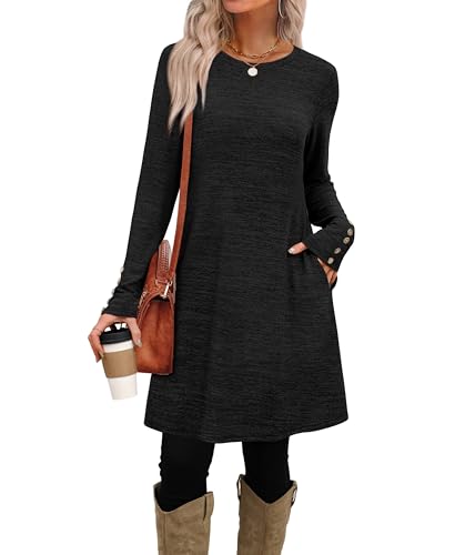 OFEEFAN Long Sleeve Dress for Women Crew Neck Tunic Dress with Pockets Decorative Buttons
