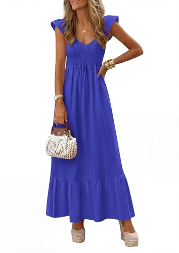 PRETTYGARDEN Women's 2026 Summer Casual Maxi Dresses Cap Sleeve V Neck Smocked Long Pockets Party Sundress Vacation Outfits