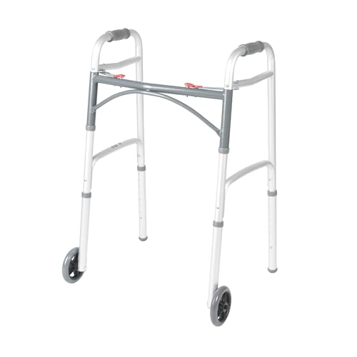 Drive Medical Two-Button Folding Walker w/ Wheels - Lightweight Rolling Mobility Support - Desk Arms - Adjustable Height -...